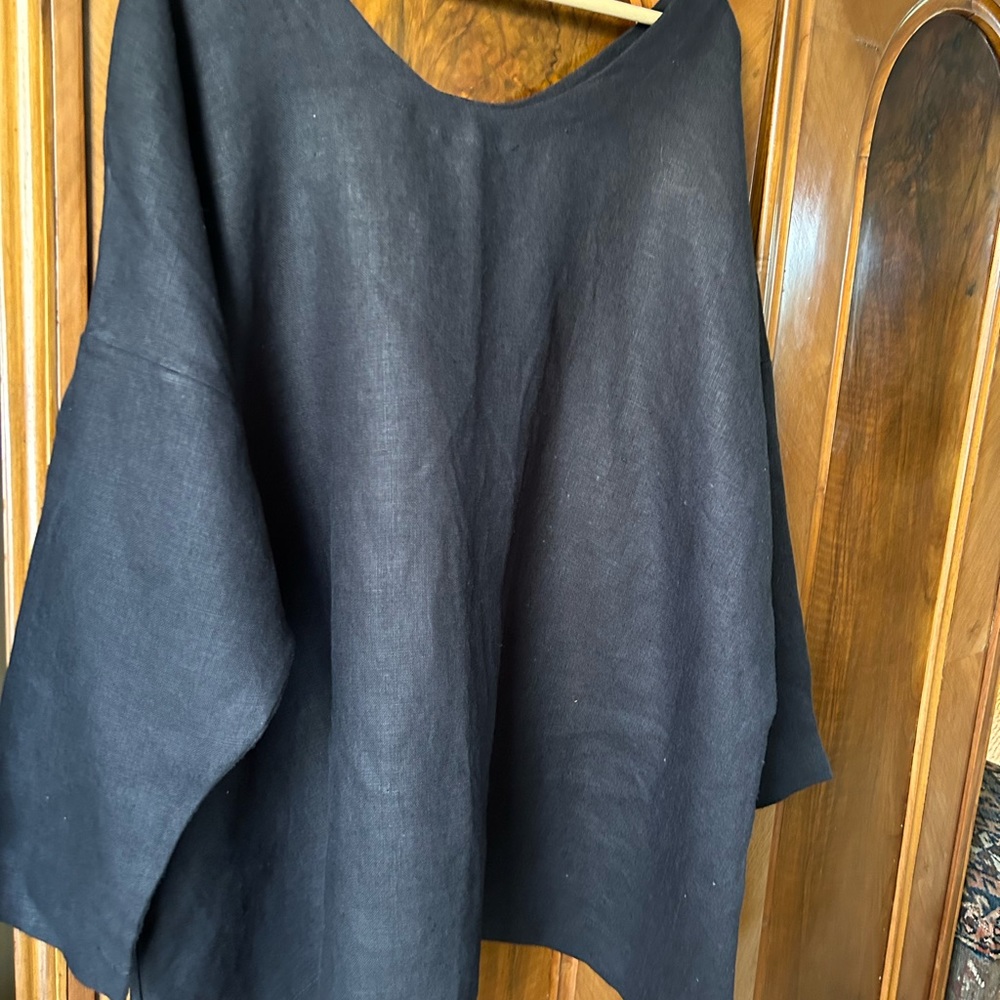 Provence coarse linen blk tunic top one size bust 62” On Sale